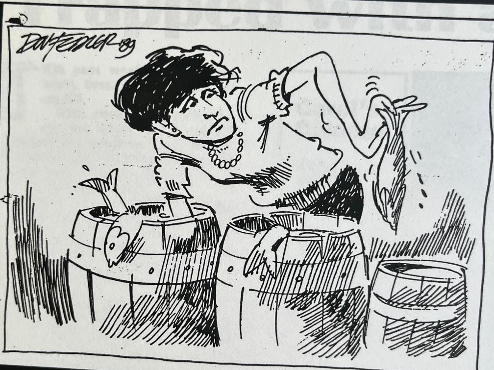 Cartoon accompanying the column: Carol at the salting barrels, holding a herring up by the tail at arm's length.