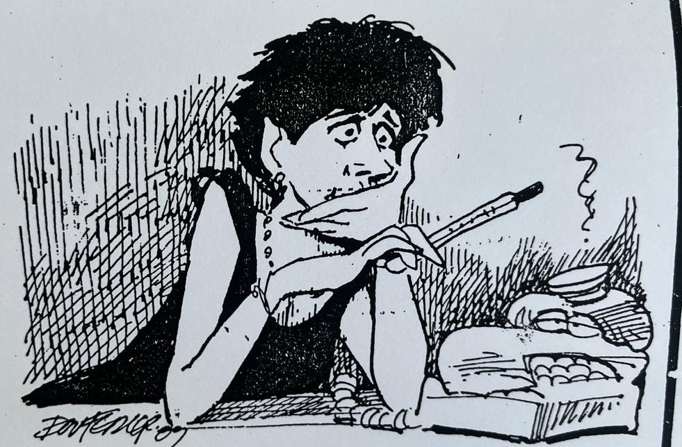 Cartoon accompanying the column: Nicky slumped over an open book with a pencil in her mouth, doing homework because there is no telephone.