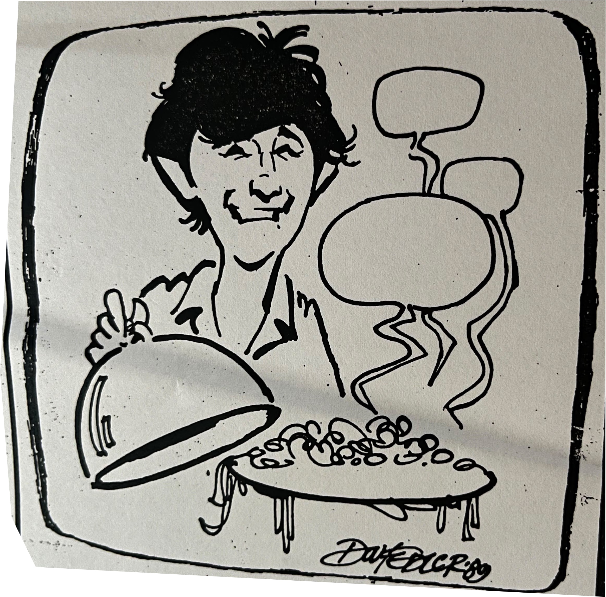 Cartoon accompanying the column: Carol lifts a serving-dish cover from a miniature dinner table; empty speech balloons rise above the diners.